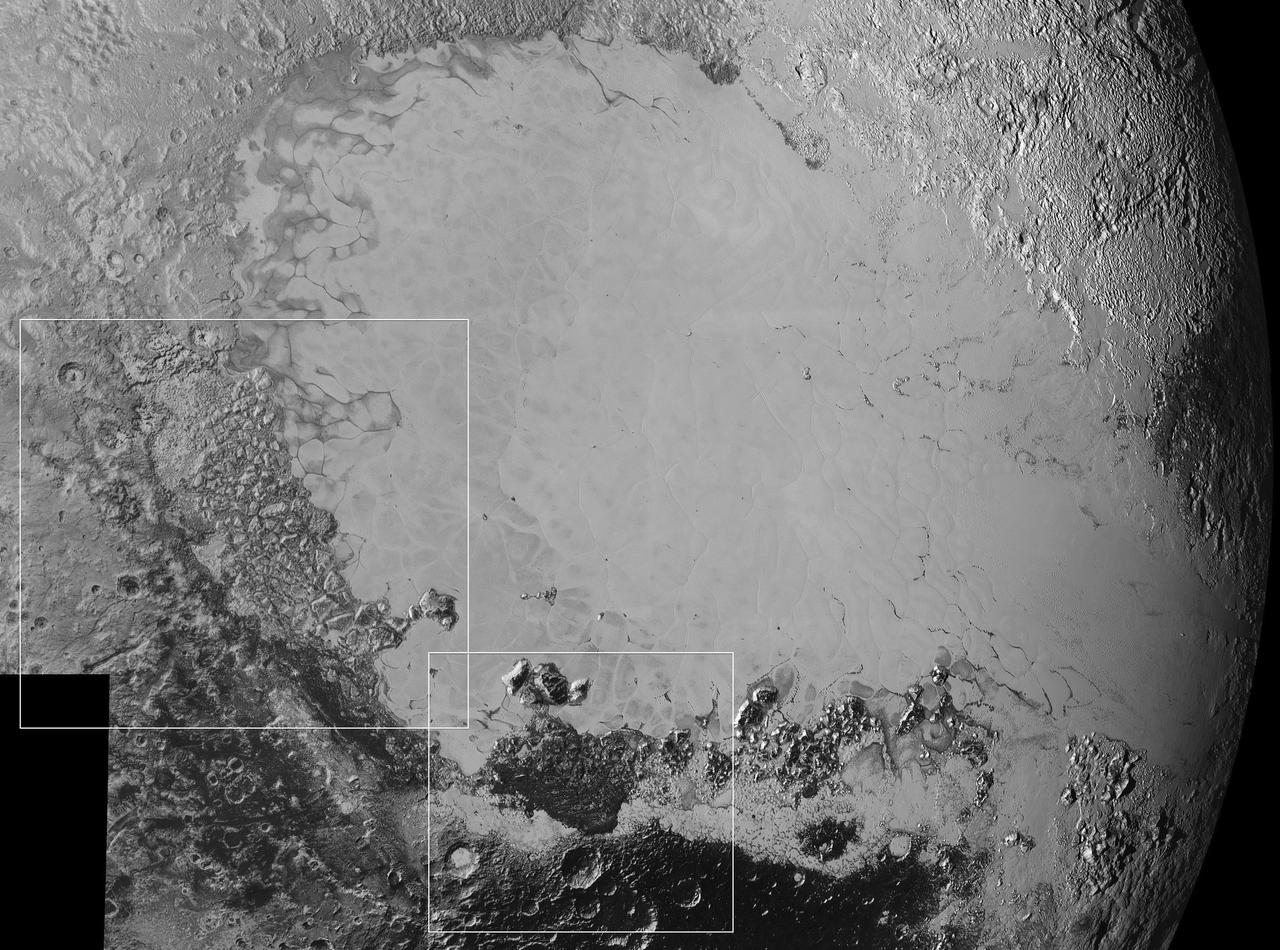 Mosaic of high-resolution images of Pluto, transmitted by NASA's New Horizons spacecraft from Sept. 5 to 7, 2015. The image is dominated by the informally-named icy plain Sputnik Planum, the smooth, bright region across the center. This image also features a tremendous variety of other landscapes surrounding Sputnik. The smallest visible features are 0.5 miles (0.8 kilometers) in size, and the mosaic covers a region roughly 1,000 miles (1,600 kilometers) wide. The image was taken as New Horizons flew past Pluto on July 14, 2015, from a distance of 50,000 miles (80,000 kilometers). The two white rectangles show the locations of the two closeup views by New Horizons, released separately. http://photojournal.jpl.nasa.gov/catalog/PIA19935