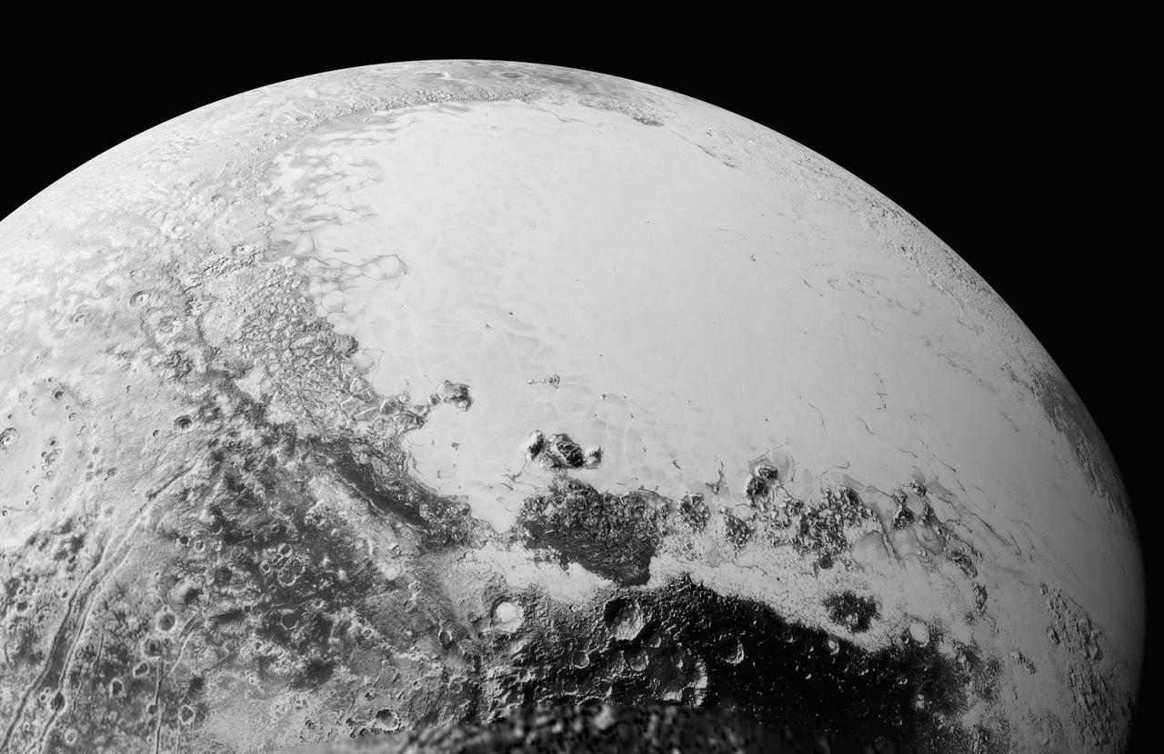 This synthetic perspective view of Pluto, based on the latest high-resolution images to be downlinked from NASA's New Horizons spacecraft, shows what you would see if you were approximately 1,100 miles (1,800 kilometers) above Pluto's equatorial area, looking northeast over the dark, cratered, informally named Cthulhu Regio toward the bright, smooth, expanse of icy plains informally called Sputnik Planum. The entire expanse of terrain seen in this image is 1,100 miles (1,800 kilometers) across. The images were taken as New Horizons flew past Pluto on July 14, 2015, from a distance of 50,000 miles (80,000 kilometers).   http://photojournal.jpl.nasa.gov/catalog/PIA19937