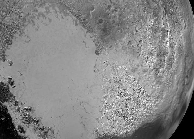 Sputnik Planum is the informal name of the smooth, light-bulb shaped region on the left of this composite of several of NASA New Horizons images of Pluto.