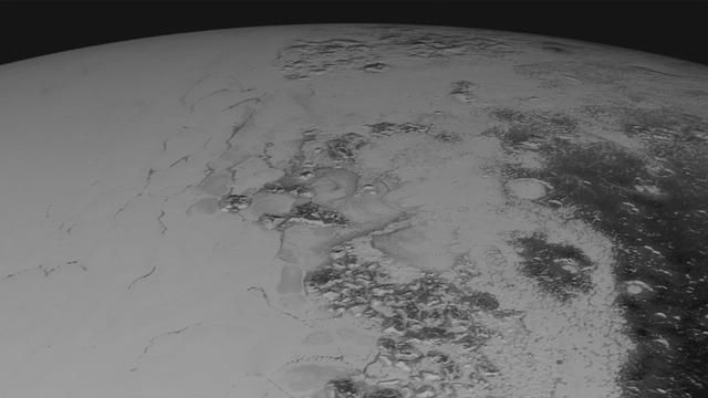 Images downloaded from NASA's New Horizons spacecraft (through Sept. 11, 2015) were stitched together and rendered on a sphere to make a flyover "movie." The animation, made with images from New Horizons' Long Range Reconnaissance Imager (LORRI), begins with a low-altitude look at the informally named Norgay Montes, flies northward over the boundary between informally named Sputnik Planum and Cthulhu Regio, turns, and drifts slowly east. During the animation, the altitude of the observer rises until it is about 10 times higher to show about 80% of the hemisphere New Horizons flew closest to on July 14, 2015. http://photojournal.jpl.nasa.gov/catalog/PIA19951