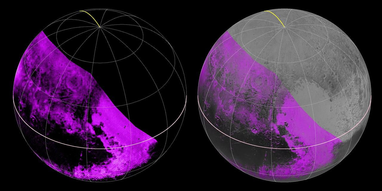 The Ralph/LEISA infrared spectrometer on NASA's New Horizons spacecraft mapped compositions across Pluto's surface as it flew past the planet on July 14, 2015. On the left, a map of methane ice abundance shows striking regional differences, with stronger methane absorption indicated by the brighter purple colors, and lower abundances shown in black. Data have only been received so far for the left half of Pluto's disk. At right, the methane map is merged with higher-resolution images from the spacecraft's Long Range Reconnaissance Imager (LORRI).   http://photojournal.jpl.nasa.gov/catalog/PIA19953