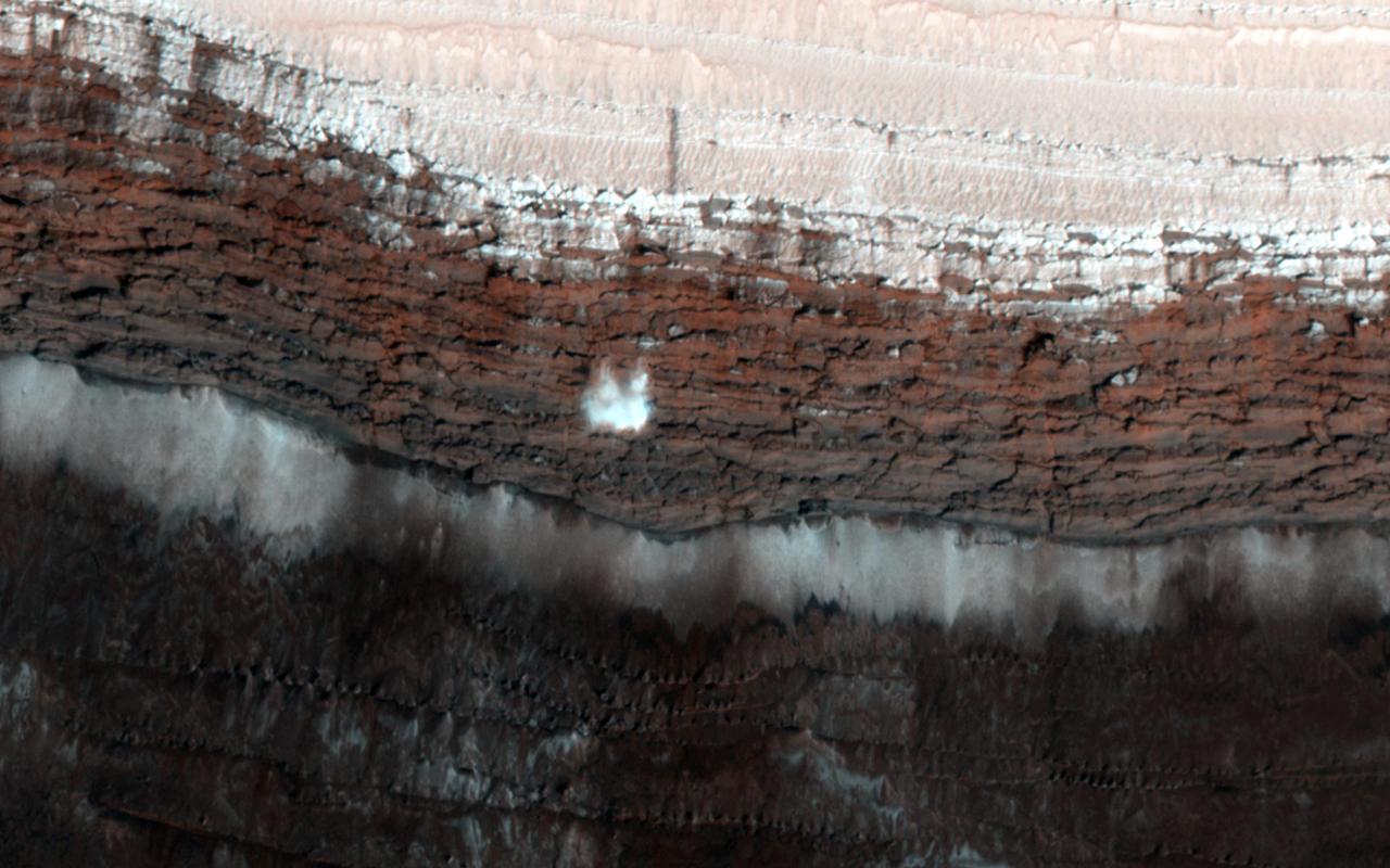 This image from NASA Mars Reconnaissance Orbiter spacecraft shows a channel system flowing to the southwest toward the huge Hellas impact basin. Click on the image for larger version The scarp at the edge of the North Polar layered deposits of Mars is the site of the most frequent frost avalanches seen by HiRISE. At this season, northern spring, frost avalanches are common and HiRISE monitors the scarp to learn more about the timing and frequency of the avalanches, and their relationship to the evolution of frost on the flat ground above and below the scarp. This picture managed to capture a small avalanche in progress, right in the color strip. See if you can spot it in the browse image, and then click on the cutout to see it at full resolution. The small white cloud in front of the brick red cliff is likely carbon dioxide frost dislodged from the layers above, caught in the act of cascading down the cliff. It is larger than it looks, more than 20 meters across, and (based on previous examples) it will likely kick up clouds of dust when it hits the ground. The avalanches tend to take place at a season when the North Polar region is warming, suggesting that the avalanches may be triggered by thermal expansion. The avalanches remind us, along with active sand dunes, dust devils, slope streaks and recurring slope lineae, that Mars is an active and dynamic planet. http://photojournal.jpl.nasa.gov/catalog/PIA19961
