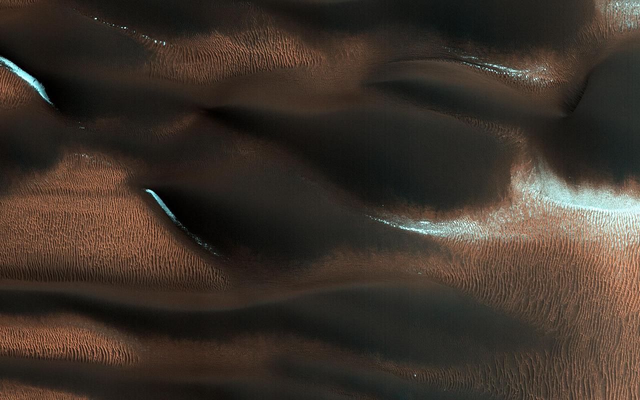This image from NASA Mars Reconnaissance Orbiter spacecraft shows modified barchan dunes with shapes that resemble raptor claws. The unusual morphology of these dunes suggests a limited supply of windblown sand. Winds likely blew from the northeast resulting in elongate dunes with an asymmetric downwind point. The transverse crests of the smaller ripples/mega-ripple bed-forms surrounding the dune, echo the dominant downwind direction towards the southwest. This locality is in the Northern Lowlands directly east of Dokka Crater in Scandia Cavi. http://photojournal.jpl.nasa.gov/catalog/PIA19962