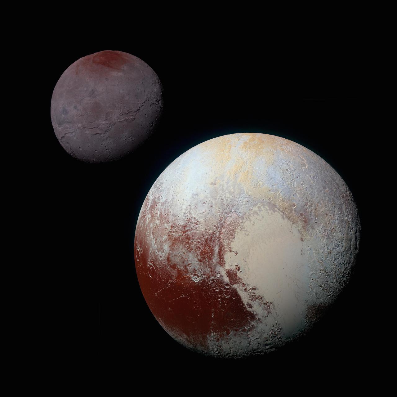 A composite of enhanced color images of Pluto (lower right) and Charon (upper left), taken by NASA's New Horizons spacecraft as it passed through the Pluto system on July 14, 2015. This image highlights the striking differences between Pluto and Charon. The color and brightness of both Pluto and Charon have been processed identically to allow direct comparison of their surface properties, and to highlight the similarity between Charon's polar red terrain and Pluto's equatorial red terrain. Pluto and Charon are shown with approximately correct relative sizes, but their true separation is not to scale. The image combines blue, red and infrared images taken by the spacecraft's Ralph/Multispectral Visual Imaging Camera (MVIC).   http://photojournal.jpl.nasa.gov/catalog/PIA19966