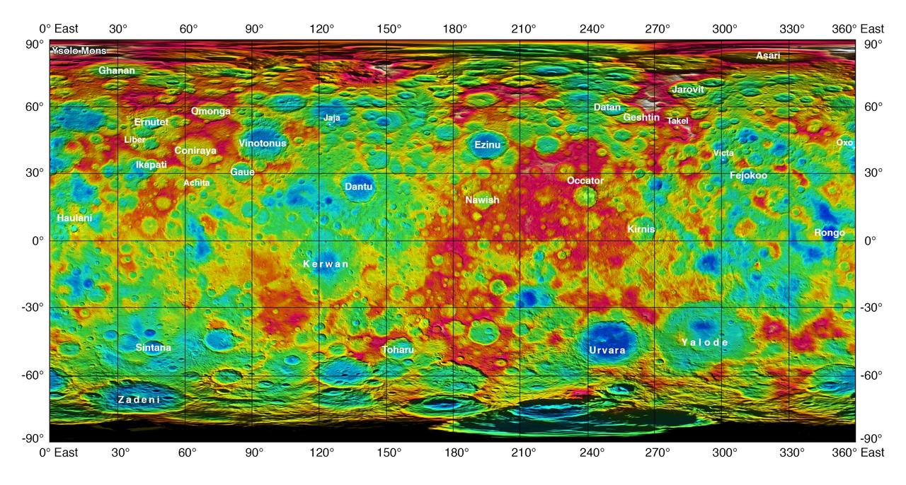 This color-coded map from NASA Dawn mission shows the highs and lows of topography on the surface of dwarf planet Ceres. It is labeled with names of features approved by the International Astronomical Union. http://photojournal.jpl.nasa.gov/catalog/PIA19974