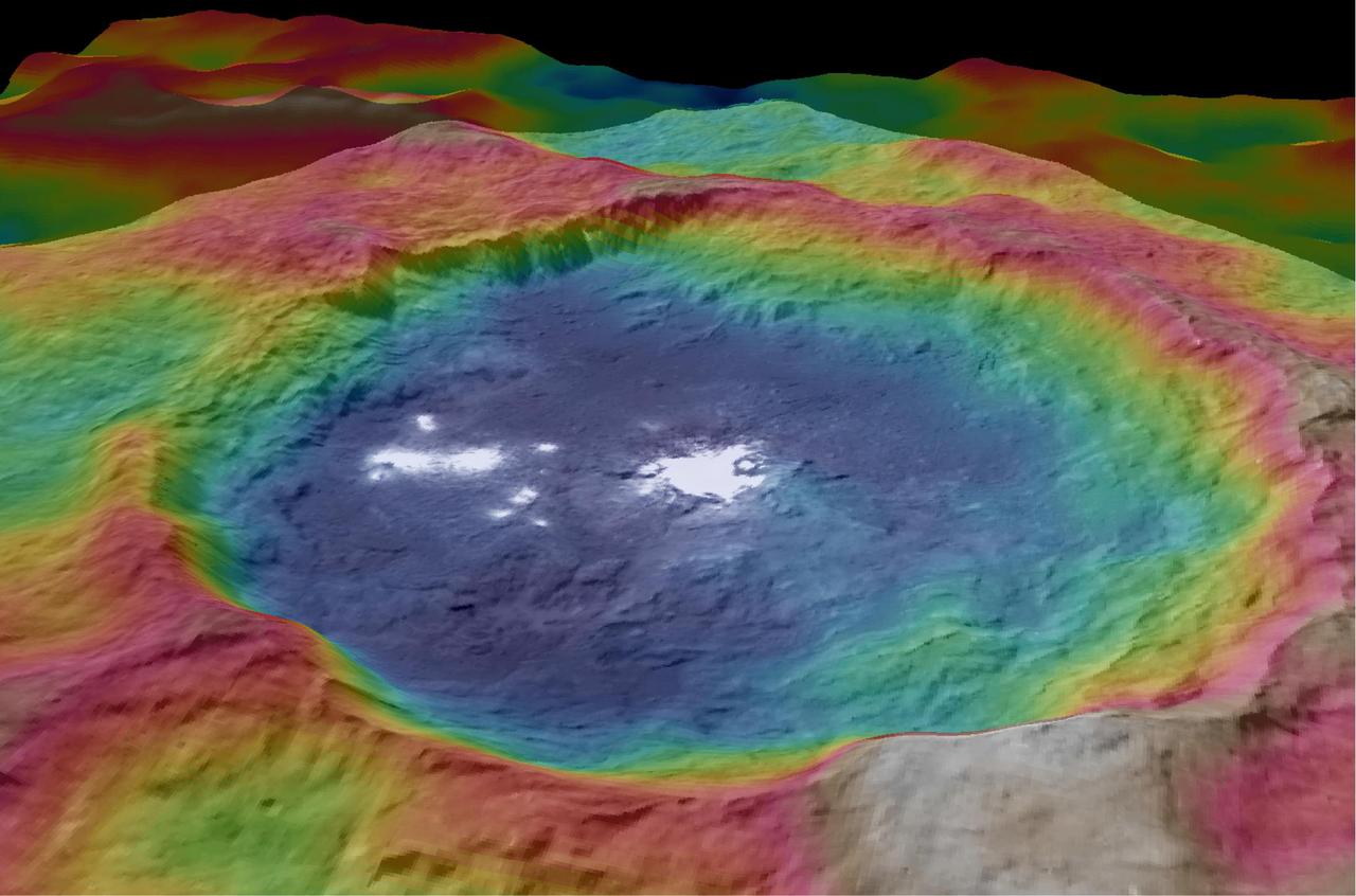 This view, made using images taken by NASA Dawn spacecraft, is a color-coded topographic map of Occator crater on Ceres. Blue is the lowest elevation, and brown is the highest. http://photojournal.jpl.nasa.gov/catalog/PIA19975