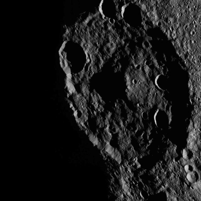 This image, taken by NASA's Dawn spacecraft, shows a portion of the southern hemisphere of dwarf planet Ceres from an altitude of 915 miles (1,470 kilometers). The image was taken on Sept. 22, 2015, and has a resolution of 450 feet (140 meters) per pixel.  Zadeni crater, named for the ancient Georgian god of bountiful harvest, is featured in this image. Its diameter is about 80 miles (129 kilometers).   http://photojournal.jpl.nasa.gov/catalog/PIA19988