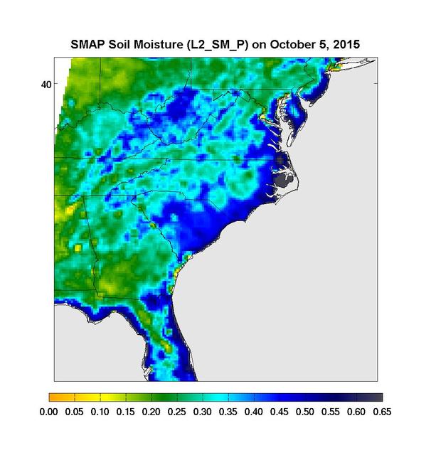 Surface soil moisture in the Southeastern United States as retrieved from NASA's Soil Moisture Active Passive (SMAP) satellite observatory at around 6 a.m. on Oct. 5, 2015. Large parts of South Carolina appear blue, representing the impact of heavy localized rains and flooding. Regions in blue indicate areas with saturated soil conditions and possible standing water. Large-scale flooding was experienced all over South Carolina on Oct. 5-6, 2015. As of Oct. 7, 17 deaths had been attributed to these floods, with heavy economic losses. In some regions, the intensity of these floods was described as a 1,000-year storm (1-in-1,000 chance of happening in any given year). At least 14 dams have already failed as a result of these floods. http://photojournal.jpl.nasa.gov/catalog/PIA20001