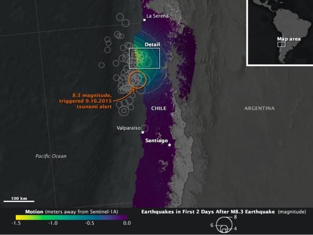 On Sept. 16, 2015, a magnitude 8.3 earthquake struck near the coast of central Chile along the boundary of the Nazca and South American tectonic plates. Dubbed the Illapel earthquake, the shaking lasted at least three minutes and propelled a 15-foot (4.5-meter) tsunami that washed into Coquimbo and other coastal areas. Smaller tsunami waves raced across the Pacific and showed up on the shores of Hawaii and other islands. The earthquake and tsunami caused substantial damage in several Chilean coastal towns, and at least 13 deaths have been reported. Demanding building codes and extensive disaster preparedness helped to limit the loss of life and property. The maps above, known as interferograms, show how the quake moved the ground, as observed by the Copernicus Sentinel-1A satellite (operated by the European Space Agency) and reported by ground stations to the U.S. Geological Survey. Sentinel-1A carries a synthetic aperture radar (SAR) instrument, which beams radio signals toward the ground and measures the reflections to determine the distance between the ground and the satellite. By comparing measurements made on Aug. 24 and Sept. 17, Cunren Liang, Eric Fielding, and other researchers from NASA's Jet Propulsion Laboratory were able to determine how the land surface shifted during and after the earthquake. Interferograms can be used to estimate where the fault moved deep in Earth and which areas have increased stress and higher likelihood of future earthquakes. The details can also provide important information to better understand the earthquake process. On both the close-up and the broad-view maps, the amount of land motion is represented in shades from yellow to purple. Areas where the ground shifted the most (vertically, horizontally, or both) are represented in yellow, while areas with little change are represented in purple. Circles show the location of earthquakes and aftershocks in the two days after the initial 8.3 earthquake, as reported by the USGS National Earthquake Information Center. Larger quakes are represented by larger circles. The base map layer uses a digital elevation model and a bathymetry map to show the contours of the land surface and seafloor. The interferograms above show that land moved as much as 1.4 meters toward to satellite (generally in the vertical direction) near the coast, and early estimates of the horizontal motion suggest it was as much as 2 meters. While SAR can see through clouds and the dark of night, it cannot see much through water. It is likely that much of the ground deformation from the earthquake occurred underwater, which explains the formation of the tsunami and the location of many aftershocks. http://photojournal.jpl.nasa.gov/catalog/PIA20002