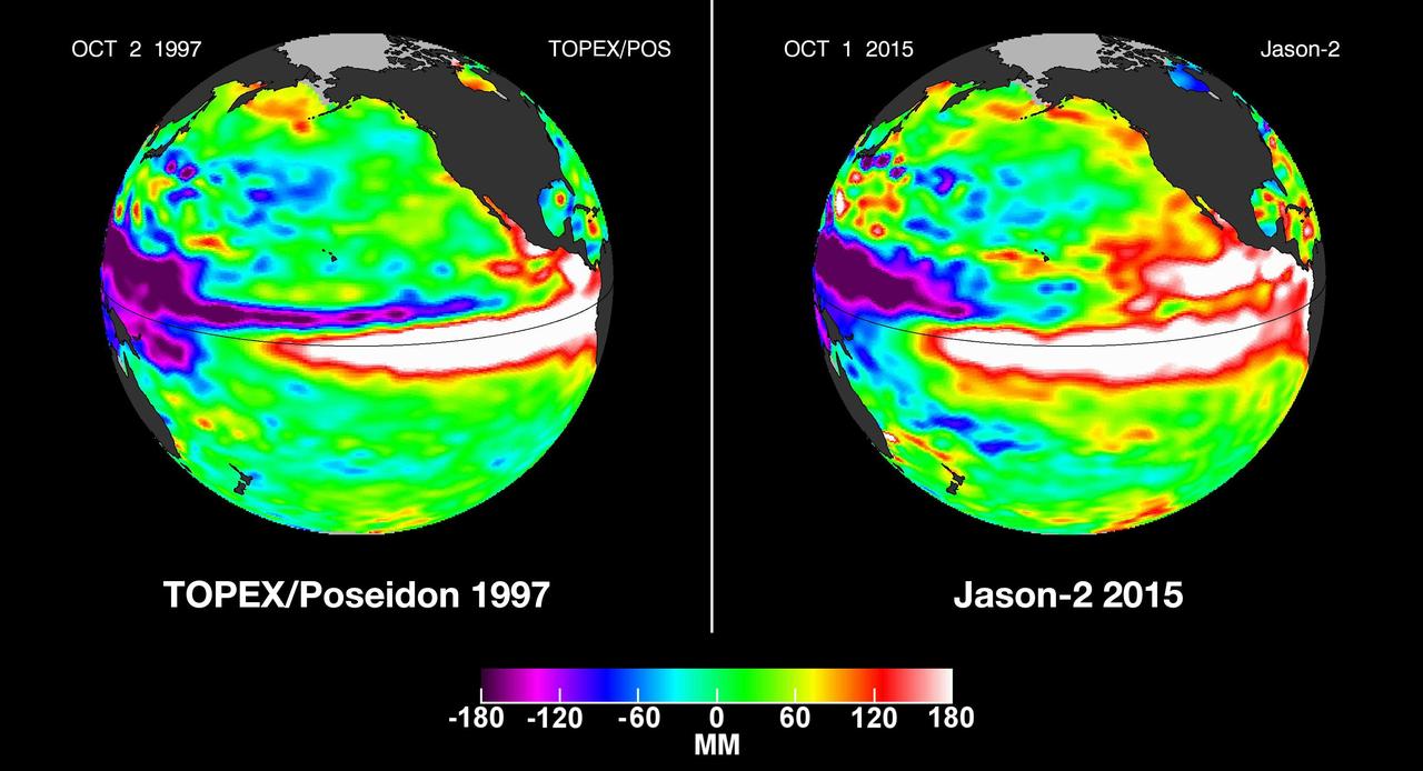 In this side-by-side visualization, Pacific Ocean sea surface height anomalies during the 1997-98 El Ni&ntilde;o left are compared with 2015 Pacific conditions right.