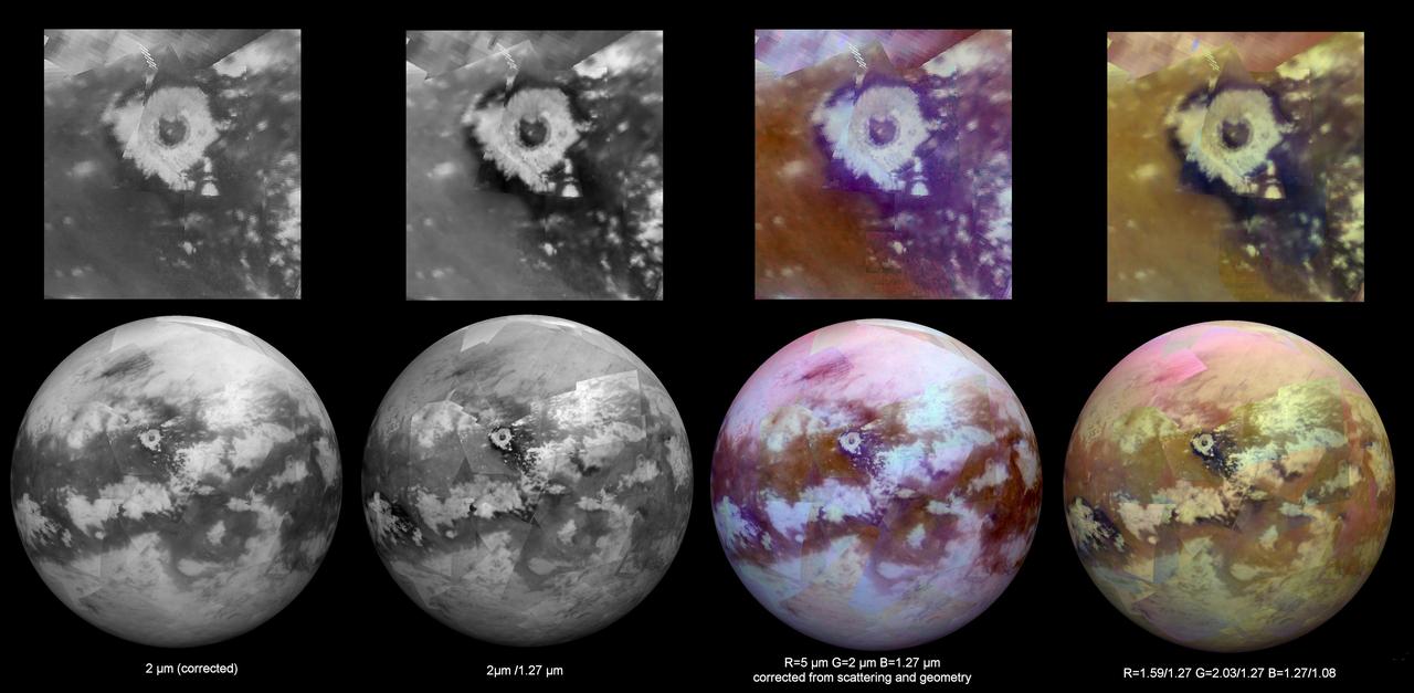 Each of these two montages shows four synthetic views of Titan created using data acquired by NASA Cassini spacecraft between 2004 and 2015. With each flyby, a brief opportunity to add small pieces to the overall mapping coverage of Titan.