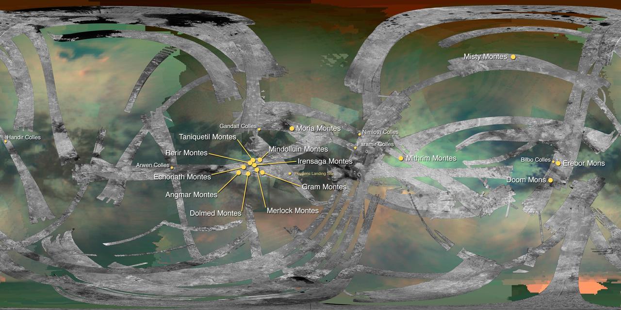This map of Saturn moon Titan identifies the locations of mountains that have been named by the International Astronomical Union.
