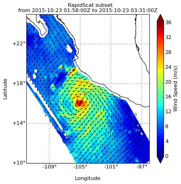 NASA's ISS-RapidScat passed over Hurricane Patricia at about 3:00 AM GMT on Oct. 23, 2015. A Hurricane Warning was in effect from San Blas to Punta San Telmo. A Hurricane Watch was in effect from east of Punta San Telmo to Lazaro Cardenas and a Tropical Storm Warning was in effect from east of Punta San Telmo to Lazaro Cardenas.  Patricia was moving toward the north-northwest near 12 mph (19 kph) and a turn toward the north is expected later this morning, followed by a turn toward the north-northeast this afternoon. On the forecast track, the core of Patricia will make landfall in the hurricane warning area today, Oct. 23, 2015, during the afternoon or evening.  http://photojournal.jpl.nasa.gov/catalog/PIA20031