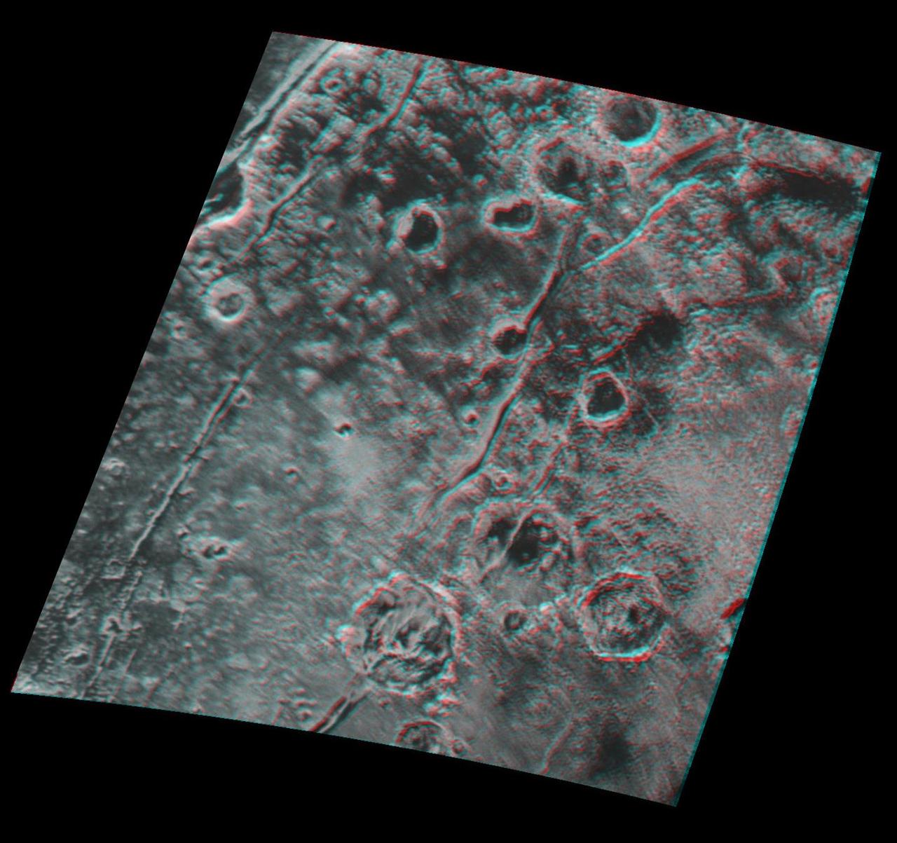 Global stereo mapping of Pluto surface is now possible, as images taken from multiple directions are downlinked from NASA New Horizons spacecraft. Stereo images will eventually provide an accurate topographic map of most of the hemisphere of Pluto seen by New Horizons during the July 14 flyby, which will be key to understanding Pluto's geological history.  This example, which requires red/blue stereo glasses for viewing, shows a region 180 miles (300 kilometers) across, centered near longitude 130 E, latitude 20 N (the red square in the global context image). North is to the upper left. The image shows an ancient, heavily cratered region of Pluto, dotted with low hills and cut by deep fractures, which indicate extension of Pluto's crust.  Analysis of these stereo images shows that the steep fracture in the upper left of the image is about 1 mile (1.6 kilometers) deep, and the craters in the lower right part of the image are up to 1.3 miles (2.1 km) deep. Smallest visible details are about 0.4 miles (0.6 kilometers) across.   You will need 3D glasses to view this image showing an ancient, heavily cratered region of Pluto.  http://photojournal.jpl.nasa.gov/catalog/PIA20032