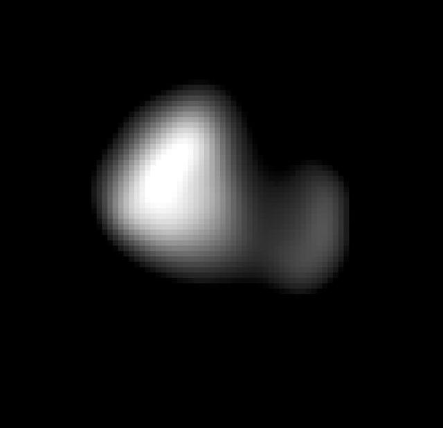 This image of Kerberos was created by combining four individual Long Range Reconnaissance Imager (LORRI) pictures taken on July 14, 2015, approximately seven hours before NASA's New Horizons' closest approach to Pluto, at a range of 245,600 miles (396,100 km) from Kerberos. The image was deconvolved to recover the highest possible spatial resolution and oversampled by a factor of eight to reduce pixilation effects. Kerberos appears to have a double-lobed shape, approximately 7.4 miles (12 kilometers) across in its long dimension and 2.8 miles (4.5 kilometers) in its shortest dimension. http://photojournal.jpl.nasa.gov/catalog/PIA20034