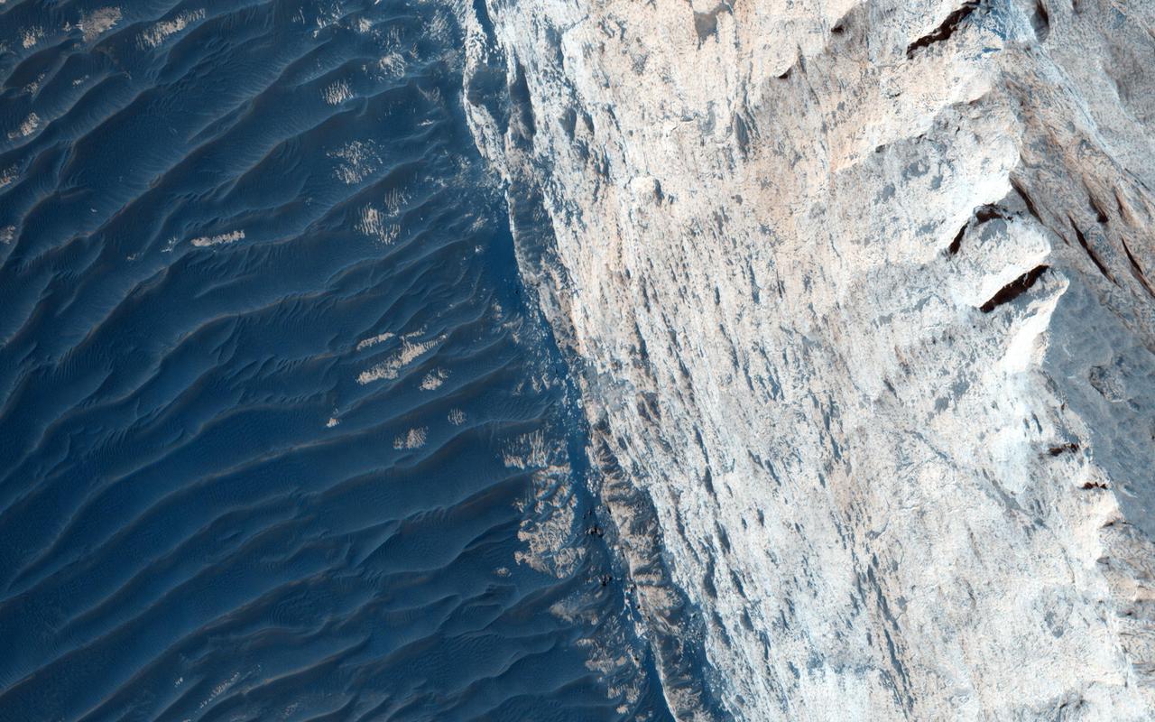 Ophir Chasma forms the northern portion of Valles Marineris, and this image from NASA Mars Reconnaissance Orbiter spacecraft features a small part of its wall and floor. The wall rock shows many sedimentary layers and the floor is covered with wind-blown ridges, which are intermediate in size between sand ripples and sand dunes. Rocks protruding on the floor could be volcanic intrusions of once-molten magma that have pushed aside the surrounding sedimentary layers and "froze" in place. Images like this can help geologists study the formation mechanisms of large tectonic systems like Valles Marineris. (The word "tectonics" does not mean the same thing as "plate tectonics." Tectonics simply refers to large stresses and strains in a planet's crust. Plate tectonics is the main type of tectonics that Earth has; Mars does not have plate tectonics.) http://photojournal.jpl.nasa.gov/catalog/PIA20044