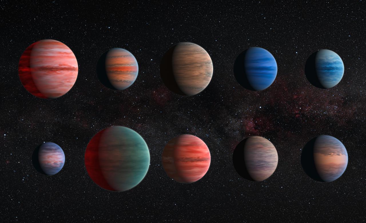 This image shows an artist's impression of the 10 hot Jupiter exoplanets studied using the Hubble and Spitzer space telescopes. From top left to lower left, these planets are WASP-12b, WASP-6b, WASP-31b, WASP-39b, HD 189733b, HAT-P-12b, WASP-17b, WASP-19b, HAT-P-1b and HD 209458b.  The colors of the planets are for illustration purposes only. There is little scientific data on color with the exception of HD 189733b, which became known as the "blue planet." The planets are also depicted with a variety of different cloud properties. The wind patterns shown on these 10 planets, which resemble the visible structures on Jupiter, are based on theoretical models.  The illustrations are to scale with each other. HAT-P-12b, the smallest of these planets, is approximately the size of Jupiter, while WASP-17b, the largest one in the sample, is almost twice the size.  The hottest planets within the sample are portrayed with a glowing night side. This effect is strongest on WASP-12b, the hottest exoplanet in the sample, but also visible on WASP-19b and WASP-17b. It is also known that several of the planets exhibit strong Rayleigh scattering. This effect causes the blue hue of the daytime sky and the reddening of the sun at sunset on Earth. It is also visible as a blue edge on the planets WASP-6b, HD 189733b, HAT-P-12b and HD 209458b.  http://photojournal.jpl.nasa.gov/catalog/PIA20056