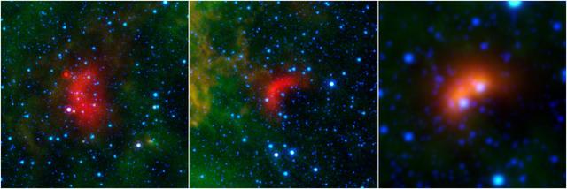 Bow shocks thought to mark the paths of massive, speeding stars are highlighted in these images from NASA's Spitzer Space Telescope and Wide-field Infrared Survey Explorer, or WISE.  Cosmic bow shocks occur when massive stars zip through space, pushing material ahead of them in the same way that water piles up in front of a race boat. The stars also produce high-speed winds that smack into this compressed material. The end result is pile-up of heated material that glows in infrared light. In these images, infrared light has been assigned the colored red.  Green shows wispy dust in the region and blue shows stars.  The two images at left are from Spitzer, and the one on the right is from WISE.  The speeding stars thought to be creating the bow shocks can be seen at the center of each arc-shaped feature. The image at right actually consists of two bow shocks and two speeding stars. All the speeding stars are massive, ranging from about 8 to 30 times the mass of our sun.   http://photojournal.jpl.nasa.gov/catalog/PIA20062