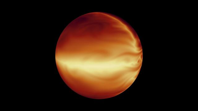 The turbulent atmosphere of a hot, gaseous planet known as HD 80606b is shown in this simulation based on data from NASA Spitzer Space Telescope.