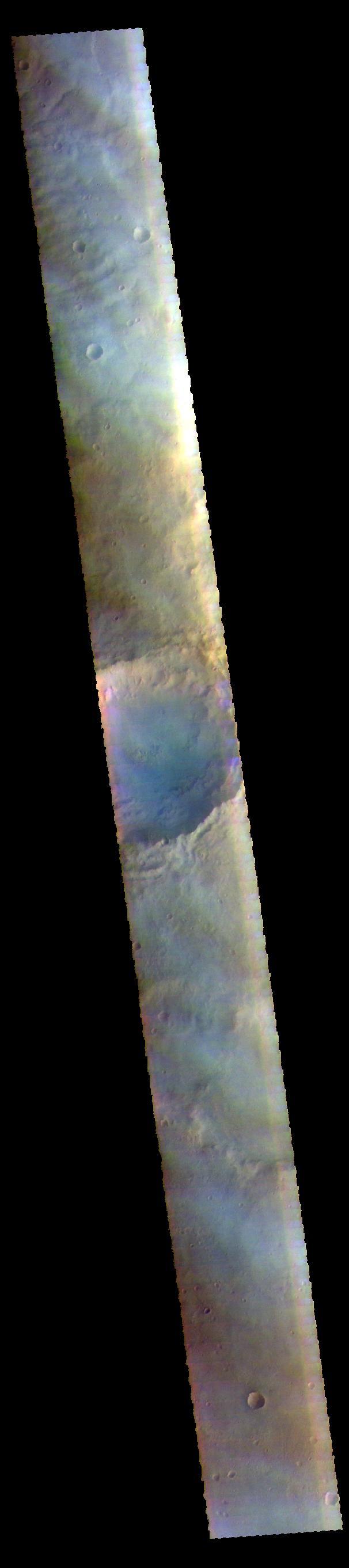 The THEMIS VIS camera contains 5 filters. The data from different filters can be combined in multiple ways to create a false color image. These false color images may reveal subtle variations of the surface not easily identified in a single band image. The faint bluish white tone in this image is actually clouds. Images like this help in understanding ongoing atmospheric changes on Mars. Clouds on Mars are created by dust lifted from the surface or ice haze at altitude. This image is located in Noachis Terra.  Orbit Number: 58705 Latitude: -28.157 Longitude: 7.04417 Instrument: VIS Captured: 2015-03-09 12:08  http://photojournal.jpl.nasa.gov/catalog/PIA20075