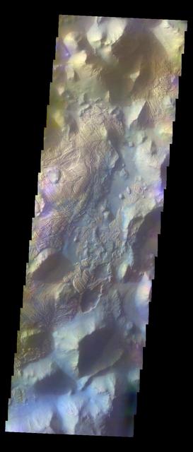 The THEMIS VIS camera contains 5 filters. The data from different filters can be combined in multiple ways to create a false color image. These false color images may reveal subtle variations of the surface not easily identified in a single band image. Today's false color image shows part of Iani Chaos.  Orbit Number: 12808 Latitude: -0.595538 Longitude: 341.755 Instrument: VIS Captured: 2004-11-02 22:13  http://photojournal.jpl.nasa.gov/catalog/PIA20080