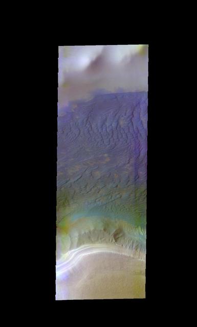 The THEMIS VIS camera contains 5 filters. Data from the filters can be combined in many ways to create a false color image. This image from NASA 2001 Mars Odyssey spacecraft shows the region just west of the dune/polar cap image from earlier this week.