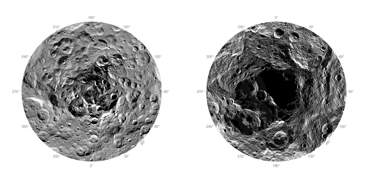 Researchers from NASA's Dawn mission have composed the first comprehensive views of the north (left) and south pole regions (right) of dwarf planet Ceres, using images obtained by the Dawn spacecraft. The images were taken between Aug. 17 and Oct. 23, 2015, from an altitude of 915 miles (1,470 kilometers). The region around the south pole appears black in this view because this area has been in shade ever since Dawn's arrival on March 6, 2015, and is therefore not visible. At the north polar region, craters Jarovit, Ghanan and Asari are visible, as well as the mountain Ysolo Mons. Near the south pole, craters Attis and Zadeni can be seen. Detailed maps of the polar regions allow researchers to study the craters in this area and compare them to those covering other parts of Ceres. Variations in shape and complexity can point to different surface compositions. In addition, the bottoms of some craters located close to the poles receive no sunlight throughout Ceres' orbit around the sun. Scientists want to investigate whether surface ice can be found there. http://photojournal.jpl.nasa.gov/catalog/PIA20126