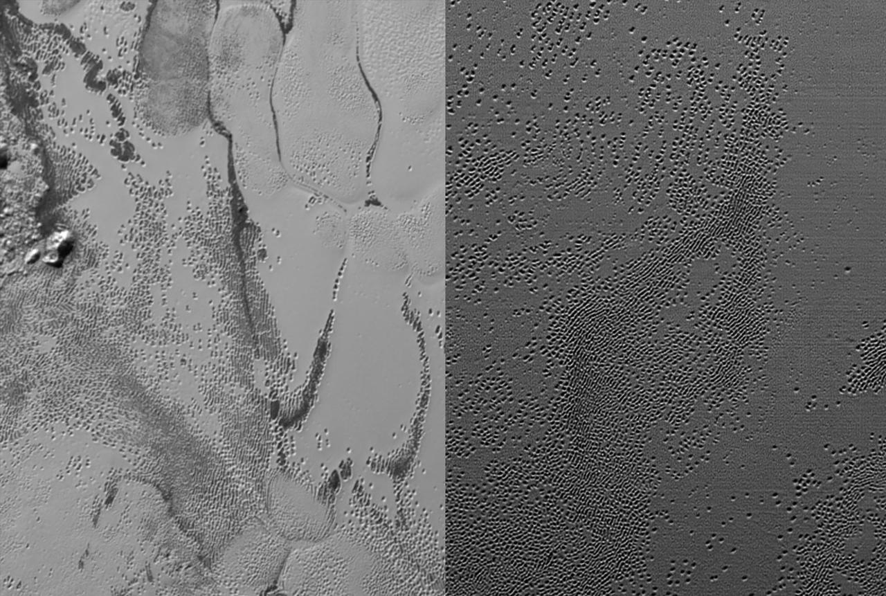 NASA New Horizons cameras have spied swarms of mysterious pits across the informally named Sputnik Planum. Scientists believe the pits may form through a combination of sublimation and ice fracturing. http://photojournal.jpl.nasa.gov/catalog/PIA20151
