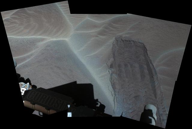NASA image: Rover Track in Sand Sheet Near Martian Sand Dune