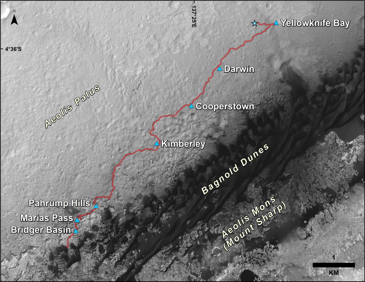 This map shows the route driven by NASA Curiosity Mars rover from the location where it landed in August 2012 to its location in December 2015.