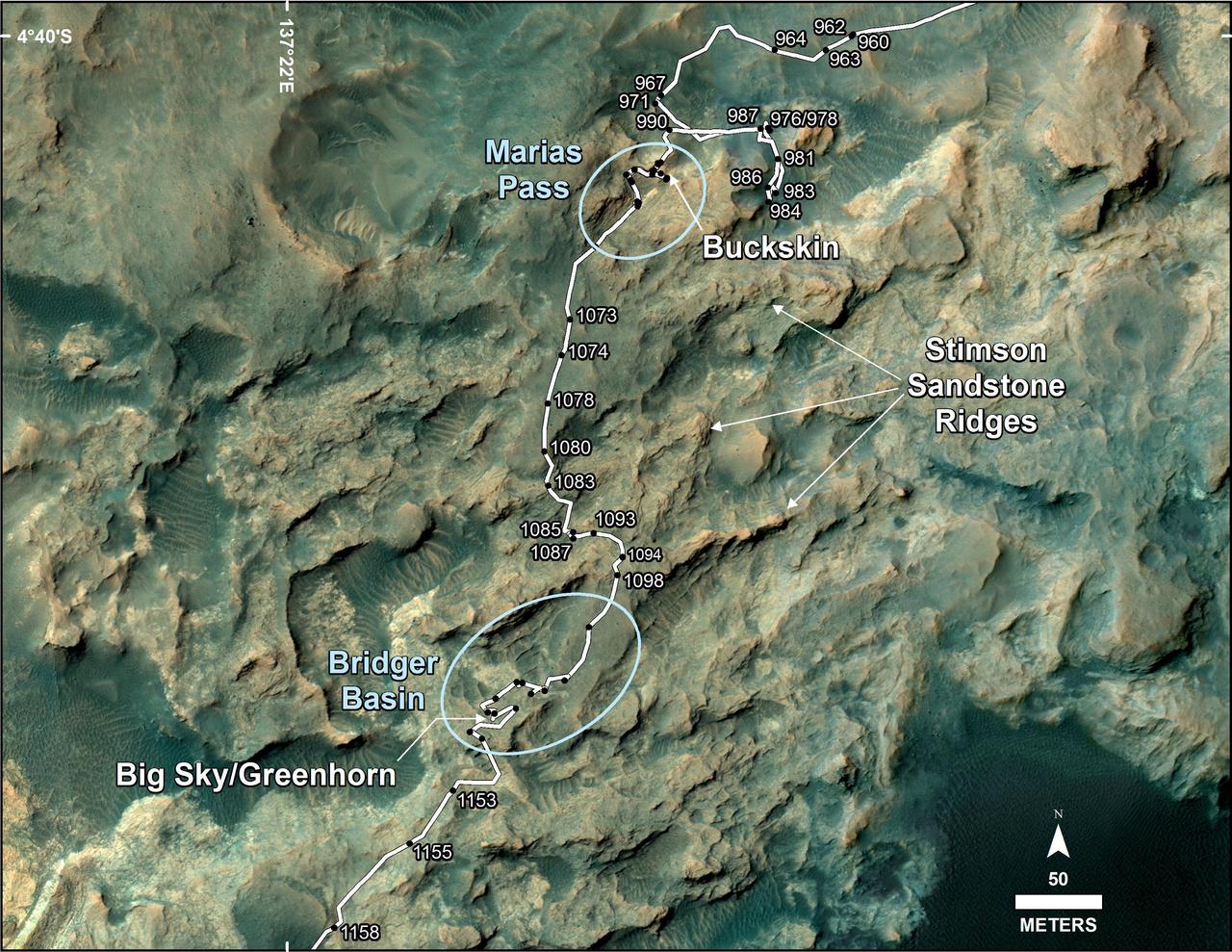 This map shows the route on lower Mount Sharp that NASA Curiosity followed between April 19, 2015, and Nov. 5, 2015.