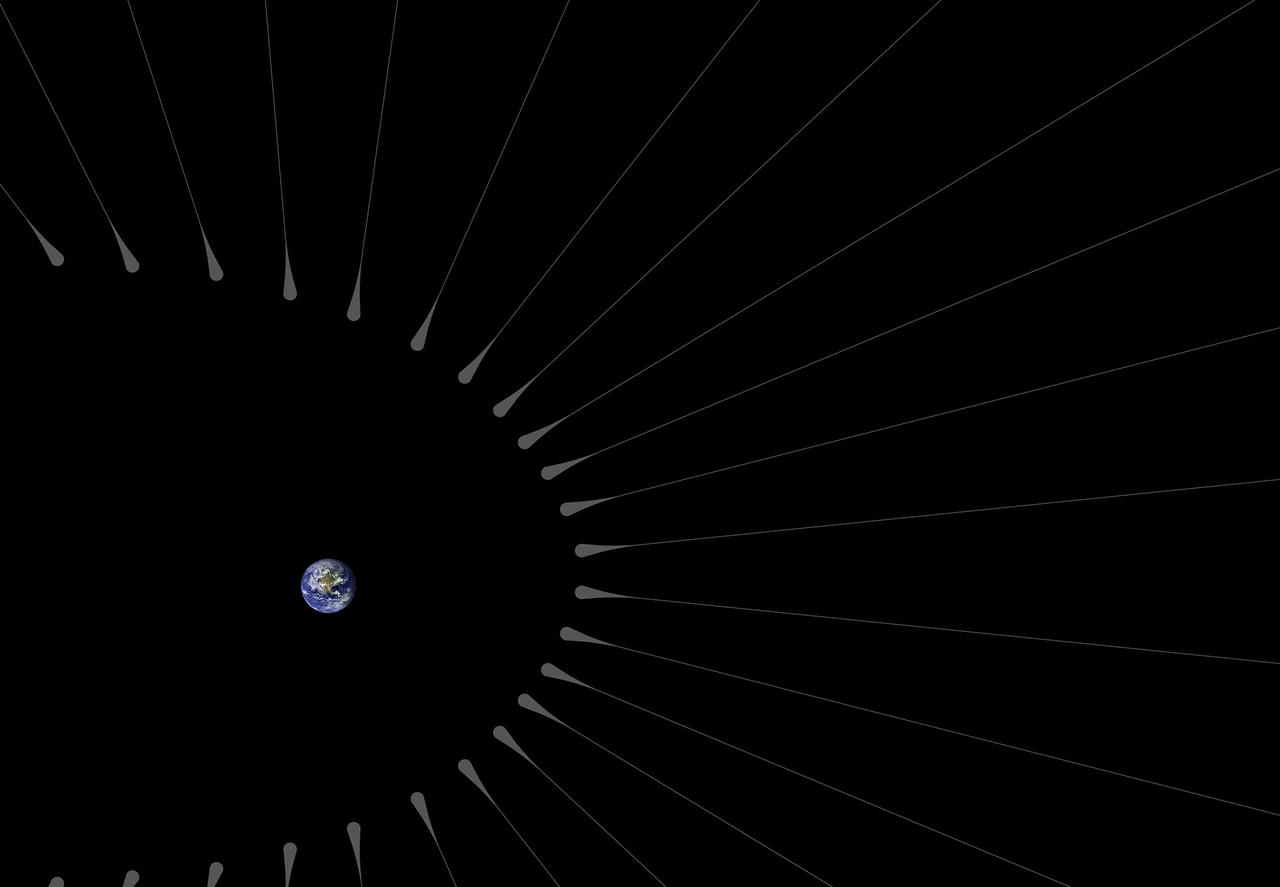 This illustration shows Earth surrounded by filaments of dark matter called "hairs," which are proposed in a study in the Astrophysical Journal by Gary Prézeau of NASA's Jet Propulsion Laboratory, Pasadena, California.  A hair is created when a stream of dark matter particles goes through the planet. According to simulations, the hair is densest at a point called the "root." When particles of a dark matter stream pass through the core of Earth, they form a hair whose root has a particle density about a billion times greater than average.  The hairs in this illustration are not to scale. Simulations show that the roots of such hairs can be 600,000 miles (1 million kilometers) from Earth, while Earth's radius is only about 4,000 miles (6,400 kilometers).  http://photojournal.jpl.nasa.gov/catalog/PIA20177