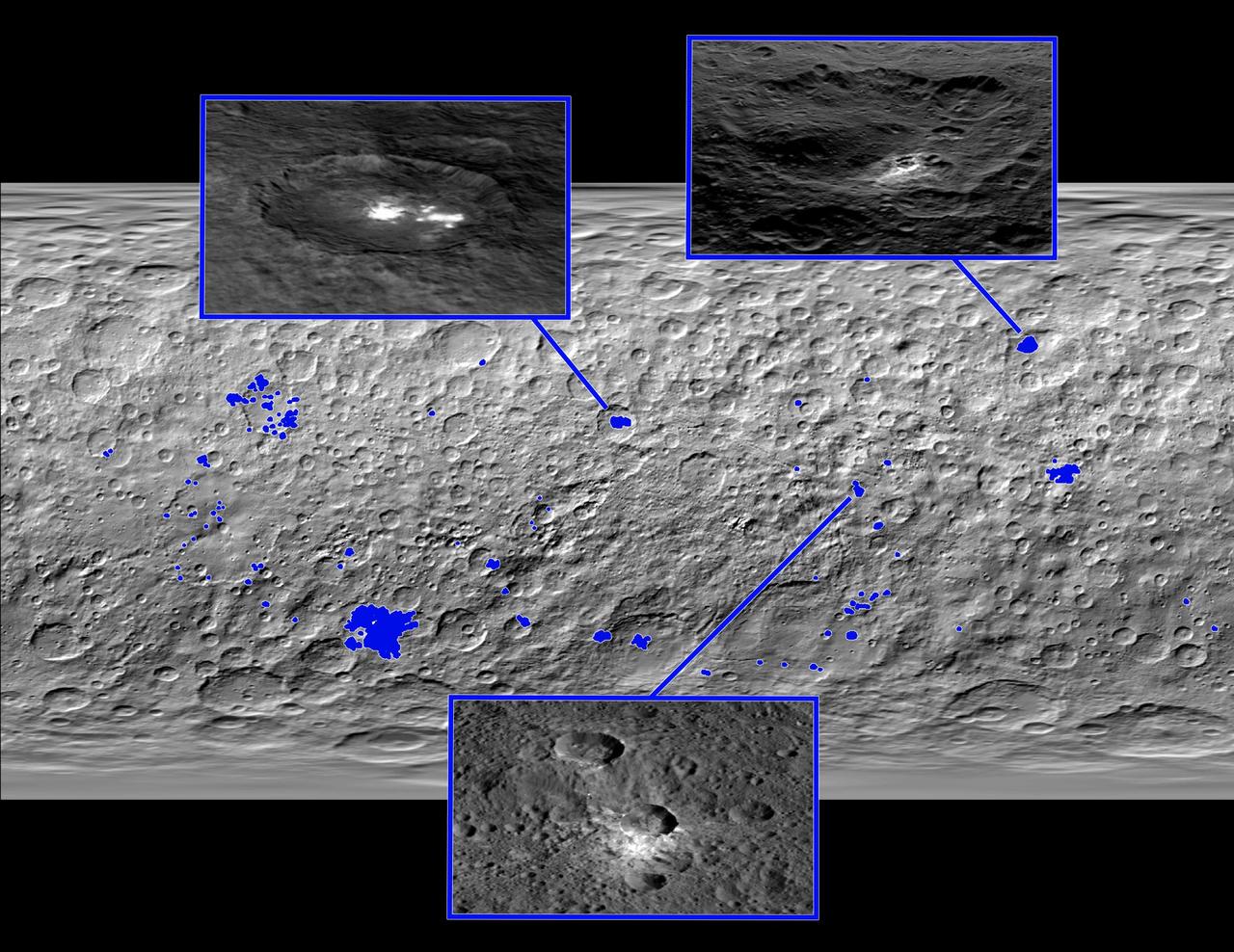 This map of Ceres, made from images taken by NASA's Dawn spacecraft, shows the locations of about 130 bright areas across the dwarf planet's surface, highlighted in blue. Most of these bright areas are associated with craters. Three insets zoom in on a few areas of interest. Occator Crater, containing the brightest area on Ceres, is shown at top left; Oxo Crater, the second-brightest feature on Ceres, is at top right. In a paper published in the Dec. 10, 2015, issue the journal Nature, Dawn mission scientists identify what they believe to be diffuse hazes at both Occator and Oxo. They believe the hazes appear when the sun shines on these craters, possibly from the sublimation of ice. A typical Ceres crater with bright material that does not appear to have remaining ice is shown at bottom. The bright material in this crater and others appears to originate from mineral salts that may have once been mixed with water ice, but dried up over time, scientists wrote in the same paper. http://photojournal.jpl.nasa.gov/catalog/PIA20183
