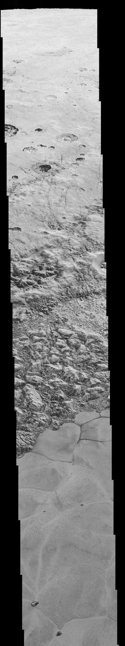 This mosaic is composed of the sharpest views of Pluto that NASA's New Horizons spacecraft obtained during its flyby of the distant planet on July 14, 2015. The pictures are part of a sequence taken near New Horizons' closest approach to Pluto, with resolutions of about 250-280 feet (77-85 meters) per pixel -- revealing features smaller than half a city block on Pluto's diverse surface. The images include a wide variety of spectacular, cratered, mountainous and glacial terrains -- giving scientists and the public alike a breathtaking, super-high resolution window on Pluto's geology. The images form a strip 50 miles (80 kilometers) wide trending from Pluto's jagged horizon about 500 miles (800 kilometers) northwest of the informally named Sputnik Planum, across the al-Idrisi mountains, onto the shoreline of Sputnik Planum and then across its icy plains. They were made with the telescopic Long Range Reconnaissance Imager (LORRI) aboard New Horizons, over a timespan of about a minute centered on 11:36 UT on July 14 -- just about 15 minutes before New Horizons' closest approach to Pluto -- from a range of just 10,000 miles (17,000 kilometers). They were obtained with an unusual observing mode; instead of working in the usual "point and shoot," LORRI snapped pictures every three seconds while the Ralph/Multispectral Visual Imaging Camera (MVIC) aboard New Horizons was scanning the surface. This mode requires unusually short exposures to avoid blurring the images. http://photojournal.jpl.nasa.gov/catalog/PIA20201
