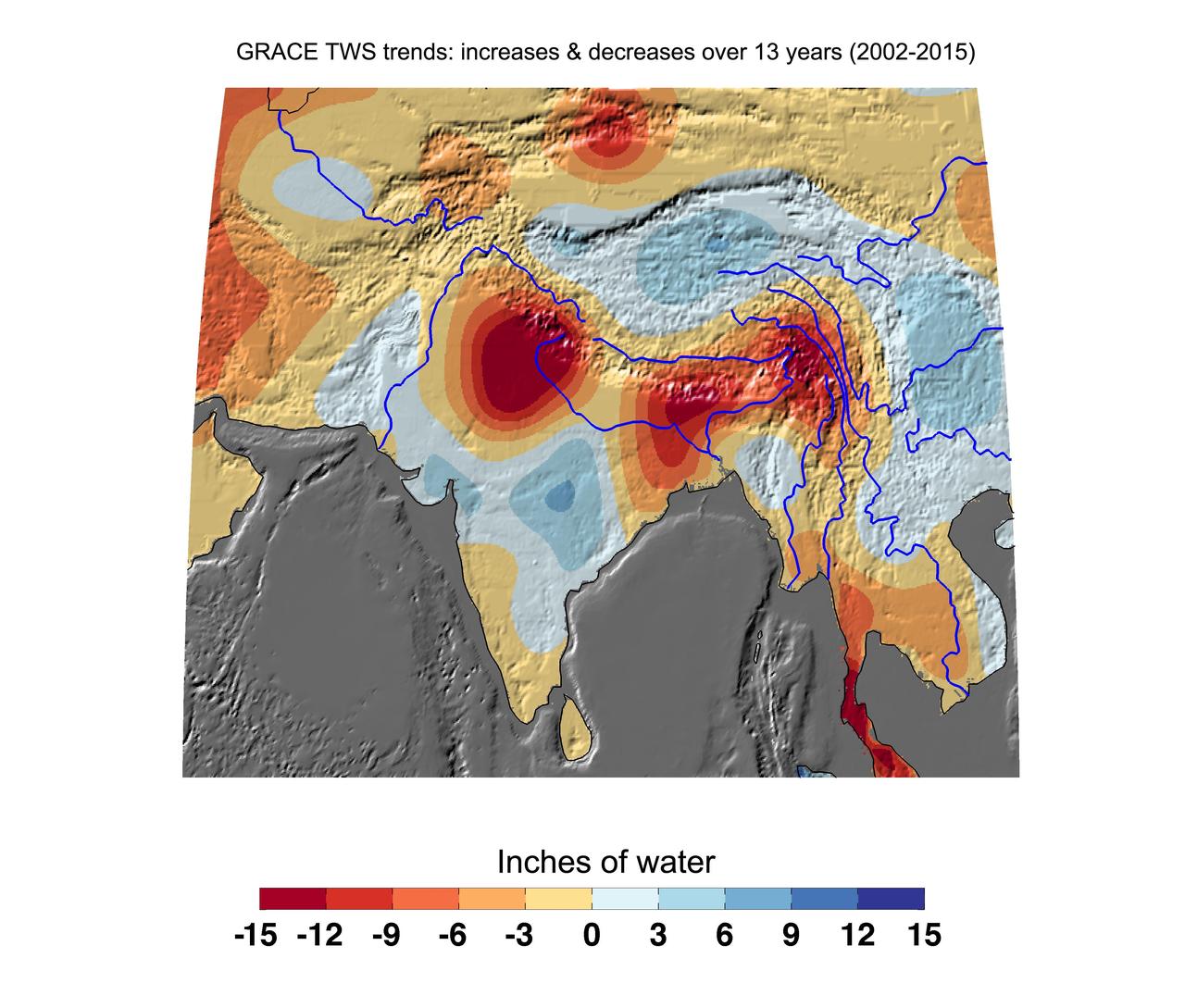 Cumulative total freshwater losses in South Asia from 2002 to 2015 (in inches) observed by NASA's Gravity Recovery and Climate Experiment (GRACE) mission. Total water refers to all of the snow, surface water, soil water and groundwater combined. Groundwater depletion in India and Bangladesh continue to dominate total water losses in the region. The persistent drought along the Malaysian Peninsula is also apparent. Regions of increasing total water experience strong interannual variations in the Asian monsoon. Image updated from Rodell et al., 2009.  Citation of Record: Rodell, M., I. Velicogna and J. Famiglietti, Satellite-based estimates of groundwater depletion in India, Nature, doi:10.1038/nature08238.  http://photojournal.jpl.nasa.gov/catalog/PIA20206