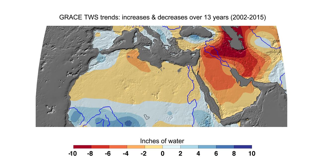 Cumulative total freshwater losses in North Africa and the Middle East from 2002 to 2015 (in inches) observed by NASA's Gravity Recovery and Climate Experiment (GRACE) mission. Total water refers to all of the snow, surface water, soil water and groundwater combined. Groundwater depletion in Turkey, Syria, Iraq and Iran, and along the Arabian Peninsula, are leading to large changes in total water storage in the region. Likewise, drought and groundwater pumping is contributing to the drying of the Caspian Sea Region. The Northwest Sahara Aquifer System, which underlies Tunisia and Libya, is also experiencing increasing water stress as shown in the map. Image updated from Voss et al., 2013.  Citation of Record: Voss, K. A., J. S. Famiglietti, M. Lo, C. R. de Linage, M. Rodell and S. C. Swenson, Groundwater depletion in the Middle East from GRACE with Implications for Transboundary Water Management in the Tigris-Euphrates-Western Iran Region, Wat. Resour. Res., 49(2), 904-914, DOI: 10.1002/wrcr.20078.  http://photojournal.jpl.nasa.gov/catalog/PIA20207