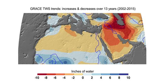 NASA image: Cumulative Total Middle East/North Africa Freshwater Losses as Seen by NASA GRACE, 2002-15