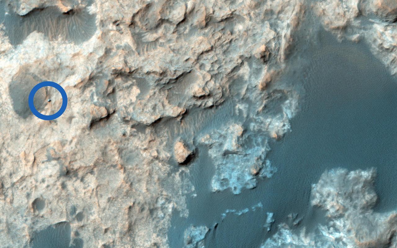 The Mars Science Laboratory, Curiosity, continues its exciting traverse of Mars. In an image acquired in September, it was exploring the boundary between two rock units: the light-toned Murray Formation and the overlying and darker-toned Stimson unit. We can clearly see the rover in a complex terrain marked by tonally varied rocks, which on the surface, can correspond to the contact between rock units and dark sand. http://photojournal.jpl.nasa.gov/catalog/PIA20211