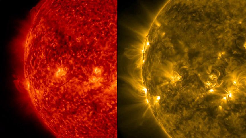 This side-by-side rendering of the Sun at the same time in two different wavelengths of extreme ultraviolet light helps to visualize the differing features visible in each wavelength (Dec. 10-11, 2015). Most prominently, we can see much finer strands of plasma looping above the surface in the 171 Angstrom wavelength (gold) than in the 304 Angstrom wavelength (red), which captures cooler plasma closer to the Sun's surface. SDO observes the Sun in 10 different wavelengths with each one capturing somewhat different features at various temperatures and elevations above the Sun.  http://photojournal.jpl.nasa.gov/catalog/PIA20214