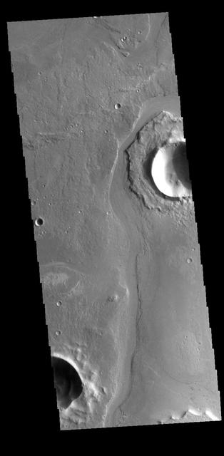 Today's VIS image shows a portion of Athabasca Valles. The channel has eroded some of the ejecta around the unnamed crater in the upper part of the image.  Orbit Number: 61495 Latitude: 8.45676 Longitude: 155.671 Instrument: VIS Captured: 2015-10-25 06:13  http://photojournal.jpl.nasa.gov/catalog/PIA20217