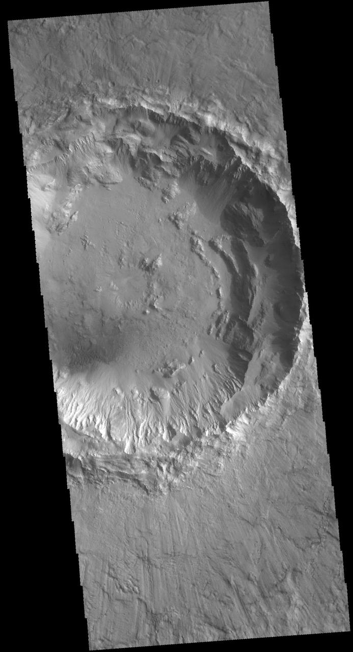 Today's VIS image from NASA's 2001 Mars Odyssey is of an unnamed crater in Chryse Planitia. There are several concentric ridges visible on the right side of this image. These features formed at the time of impact and are part of the rim structure of this crater. Numerous gullies dissect the rim and a small dune field is located on the floor of the crater.  Orbit Number: 61676 Latitude: 36.5047 Longitude: 329.655 Instrument: VIS Captured: 2015-11-09 04:07  http://photojournal.jpl.nasa.gov/catalog/PIA20233