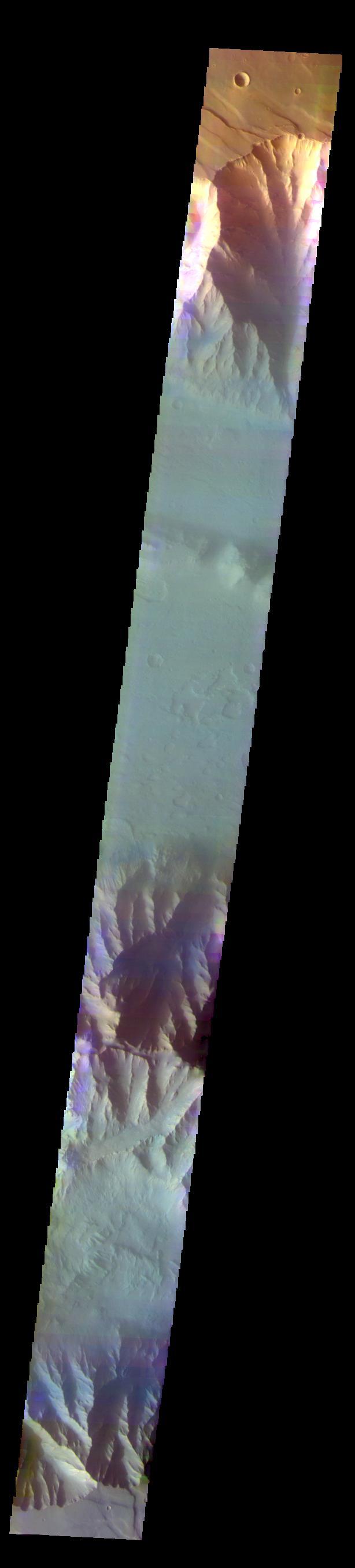 The THEMIS VIS camera contains 5 filters. The data from different filters can be combined in multiple ways to create a false color image. These false color images may reveal subtle variations of the surface not easily identified in a single band image. Today's false color image shows part of Coprates Chasma. The pale blueish regions over the low elevations of the chasma may be an atmospheric haze.  Orbit Number: 58764 Latitude: -12.2698 Longitude: 293.692 Instrument: VIS Captured: 2015-03-14 07:58  http://photojournal.jpl.nasa.gov/catalog/PIA20242