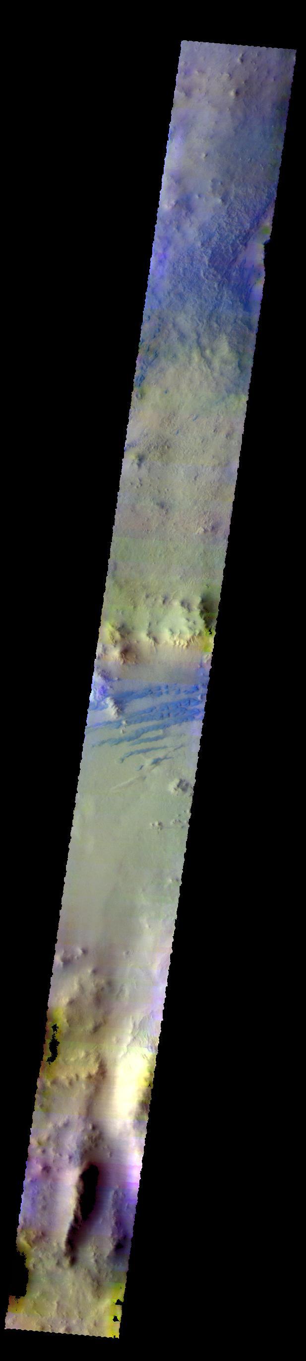 The THEMIS VIS camera contains 5 filters. The data from different filters can be combined in multiple ways to create a false color image. These false color images may reveal subtle variations of the surface not easily identified in a single band image. Today's false color image shows part of the floor of Galle Crater. Dark dunes are visible in the center of the image. The dark blue color typically indicates basaltic sand.  Orbit Number: 58800 Latitude: -51.5789 Longitude: 328.788 Instrument: VIS Captured: 2015-03-17 07:20  http://photojournal.jpl.nasa.gov/catalog/PIA20243