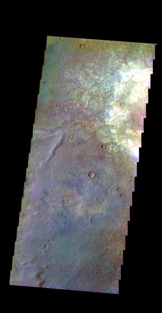 The THEMIS camera contains 5 filters. The data from different filters can be combined in multiple ways to create a false color image. This image captured by NASA 2001 Mars Odyssey spacecraft shows part of the plains of Terra Sabaea.