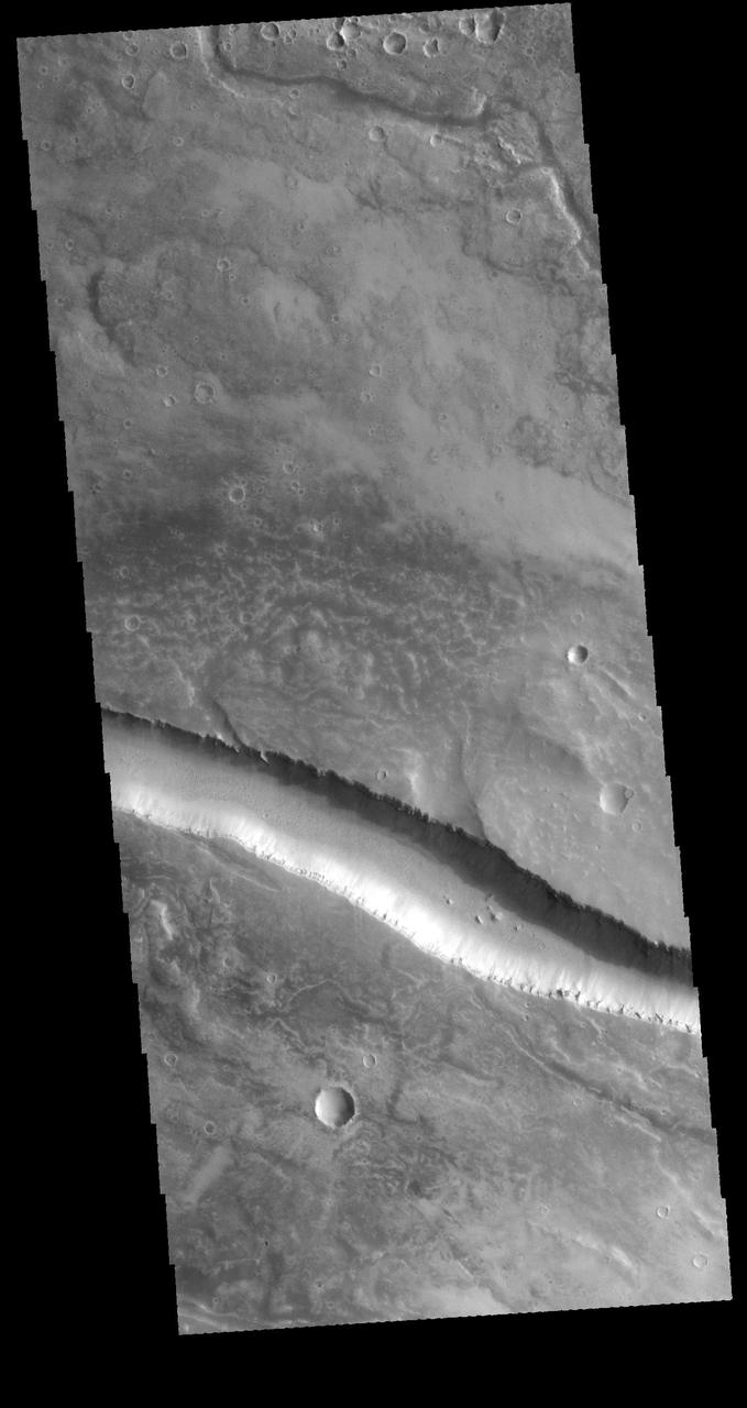 The linear feature in this image from NASA 2001 Mars Odyssey spacecraft is part of Granicus Valles. The linear nature, and uniform width is indicative of a fault bounded graben.