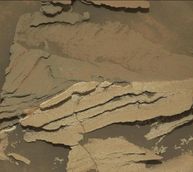 This image from NASA's Curiosity Mars rover reveals details of a bedrock discoloration pattern at a site between "Marias Pass" and "Bridger Basin." The discoloration is not associated with individual layers. It crosses layers and shows clear horizontal boundaries to the darker toned bedrock. This suggests it is related to alteration by fluids that flowed through fractures and permeated into the bedrock. The image was taken by the right-eye (telephoto) camera of the rover's Mast Camera instrument on Sept. 2, 2015, during the mission's 1,092nd Martian day, or sol. http://photojournal.jpl.nasa.gov/catalog/PIA20269