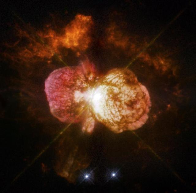 The discovery of likely Eta Carinae twins in other galaxies will help scientists better understand this brief phase in the life of a massive star with images such as this from NASA Hubble Space Telescope. Astronomers cannot yet explain what caused the titanic eruption of star Eta Carinae in the 1840s. The discovery of likely Eta Carinae "twins" in other galaxies will help scientists better understand this brief phase in the life of a massive star. http://photojournal.jpl.nasa.gov/catalog/PIA20294