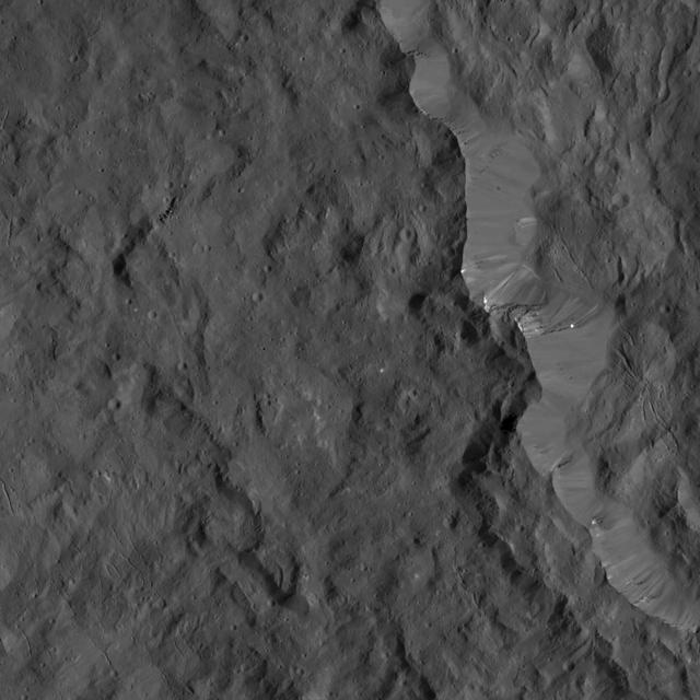 This image from NASA Dawn spacecraft shows the western rim of Occator Crater. Several small, bright patches of material can be seen along the rim.