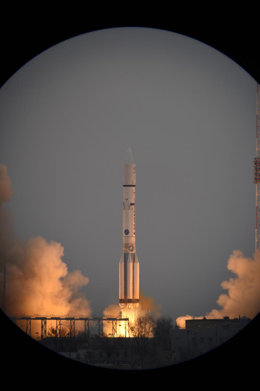 The European Space Agency ExoMars 2016 mission, combining the Trace Gas Orbiter and Schiaparelli landing demonstrator, launches on a Proton launch vehicle from the Baikonur Cosmodrome in Kazakhstan.