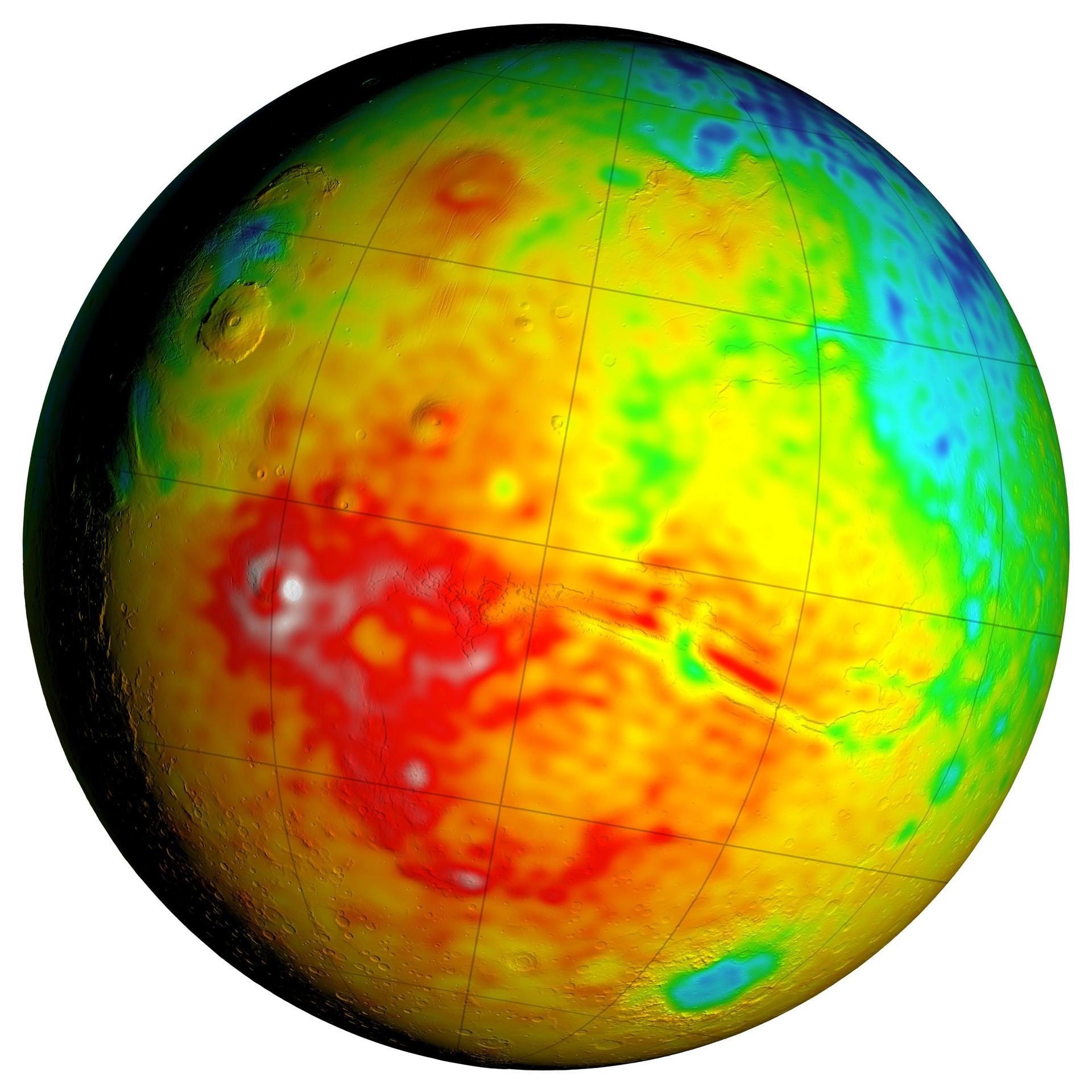 This Mars map shows variations in thickness of the planet crust, the relatively thin surface layer over the interior mantle of the planet. It shows unprecedented detail derived from new mapping of variations in Mars gravitational pull on orbiters.